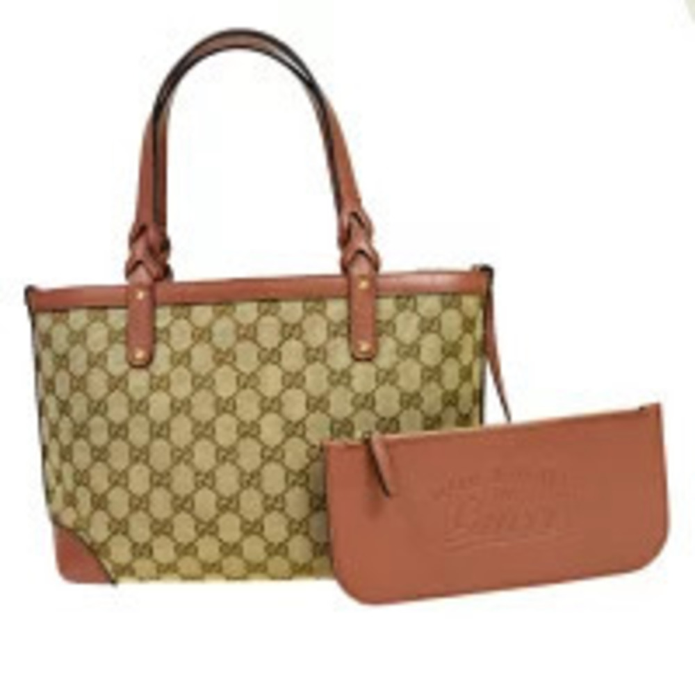 Gucci Handbag Tote GG Brown Pink Canvas Leather Pouch